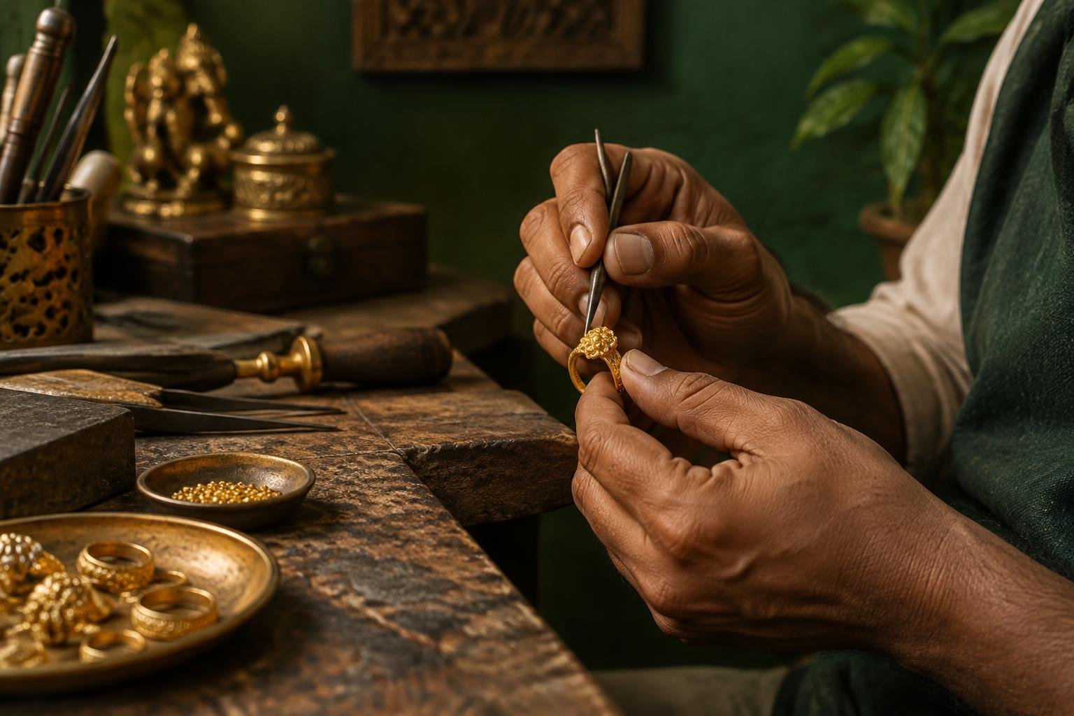 Illustrative jeweller carefully working on a gold ring