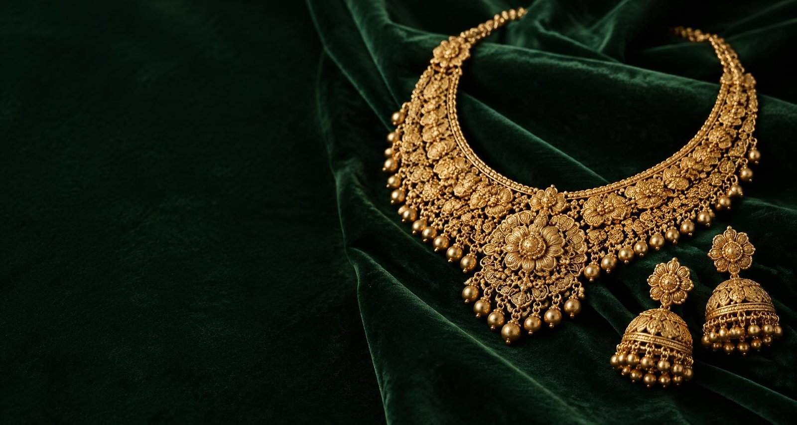 Intricate gold necklace and jhumka earrings on emerald velvet